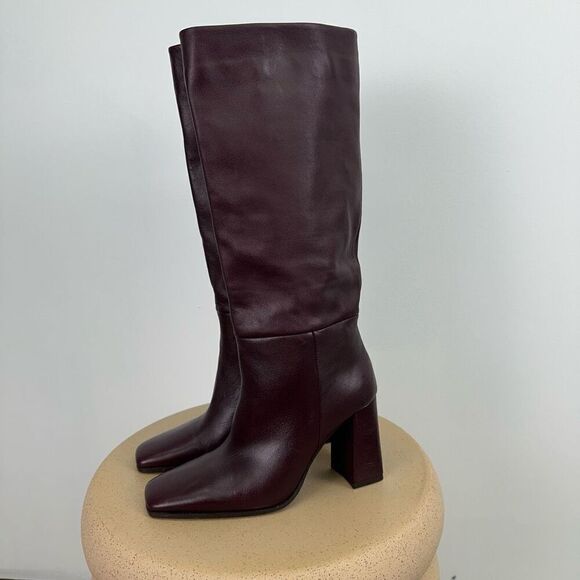 Zara Women’s Oxblood Burgundy Leather Square Toe Below the Knee Block Heel Boot - Picture 12 of 15